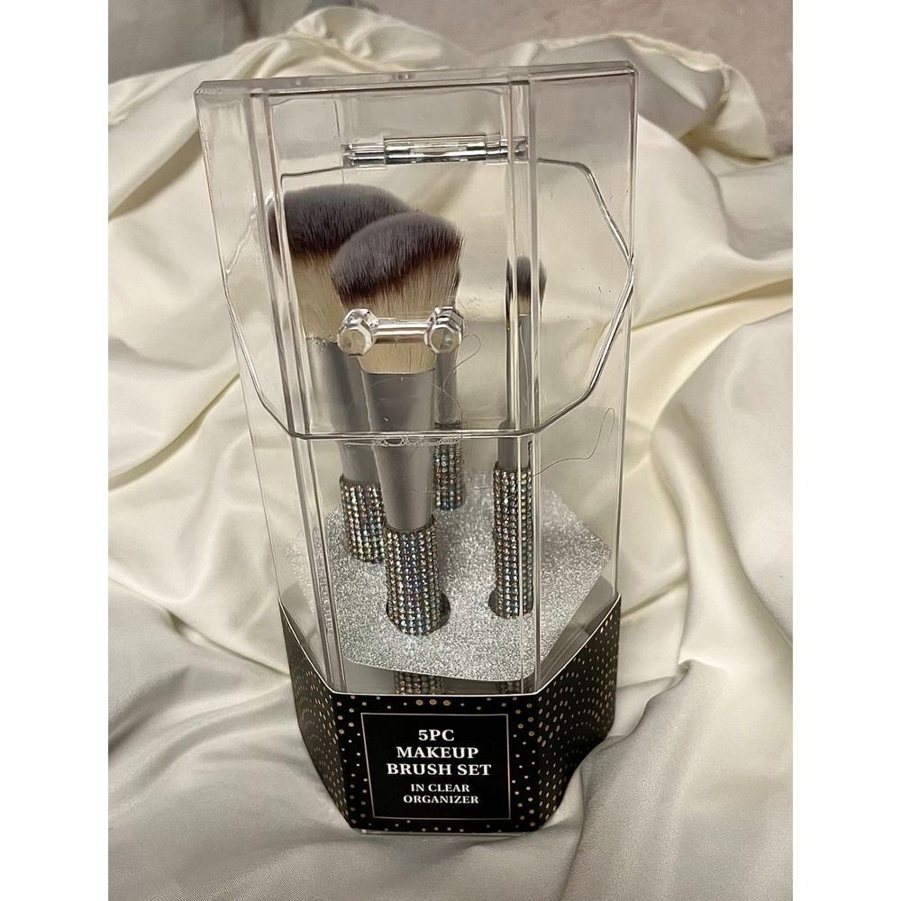 Advantus 5PC Makeup Brush Set Women OS Silver New Rhinestone Clear Organizer